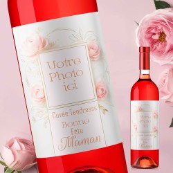 Mon vin personnalisé Fête des Mères – Étiquette Rose avec photo